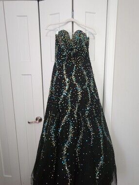 Alfred Angelo Black Strapless Sequin Prom Ball Gown with Teal & Gold Accents